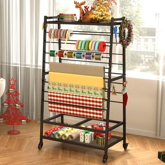 yeshine Ribbon Organizer for Craft Room, Rolling Ribbon Holder, Double-Sided Ribbon Holder Organizer Rack, Metal Craft Christmas Gift Wrapping Paper Holder, Large Capacity Ribbon Storage Rack