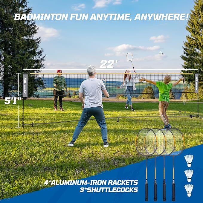 Haokelball Badminton Volleyball Pickleball Net Set, 22FT Portable All-in-One Nets System for Outdoor Beach Indoor with Adjustable Height, Includes Balls Rackets Pump Carry Bag
