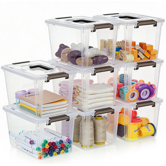 Citylife 8 Packs 6 QT Plastic Storage Bins with Latching Lids Clear Storage Box with handle Stackable Storage Containers for Organizing Snacks, Crafts, Toys, Tools