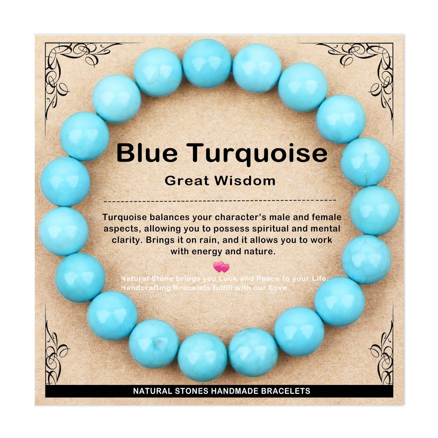 AD Beads 10mm Handmade Blue Turquoise Elastic Bracelet – Natural Gemstone for Great Wisdom – Meditation, Yoga, Healing and Energy Gift for Men Women