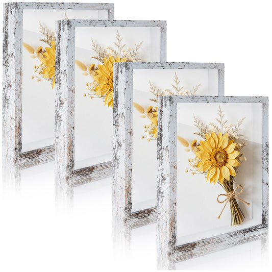 4 Pack 8"x 10" Shadow Box Frames Display Cases Wood Deep Shadowbox for Photos, Dried Flowers, Handicrafts Picture Frames for Wall Tabletop (Distressed White, 8x10)
