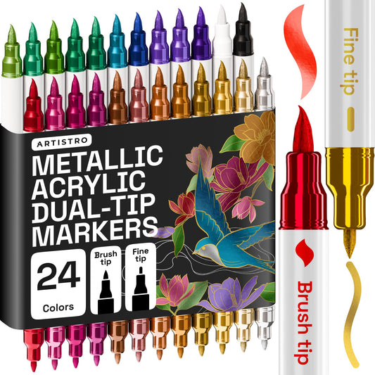 ARTISTRO 24 Metallic Acrylic Paint Markers - Paint Pens for Drawing, Brush + Fine Tips - For Fabric, Rock, Glass, Wood, DIY - Art & Craft Supplies for Adults, Teens, Kids - Teacher Appreciation Gift