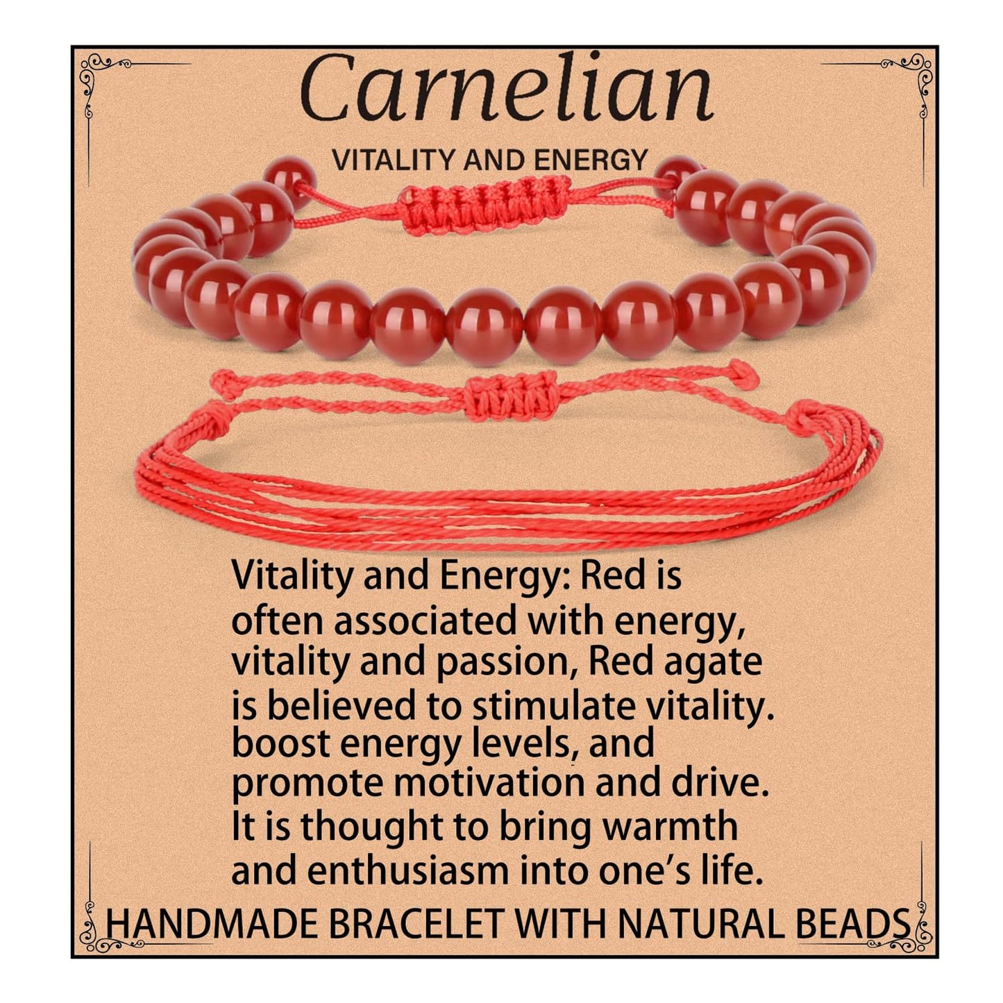 LPBeads 8mm Red Carnelian Bracelet with Handmade Rope Bracelet Size Adjustable Natural Stone Crystal Healing Bracelets Gifts for Unisex Adults