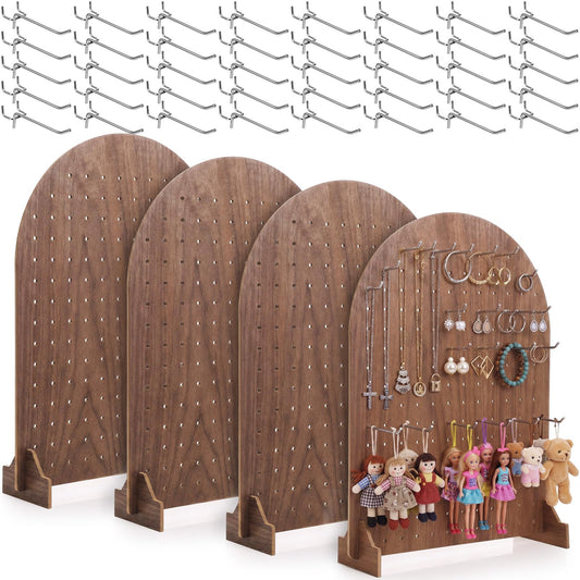 Novabright 4 Pcs Walnut Color Pegboard Display Stand with 40 Metal Hooks, Freestanding Wooden Jewelry Organizer Rack for Craft Shows, Jewelry, Keychain Accessories, Vendor Booths and Stores, 17 x 13