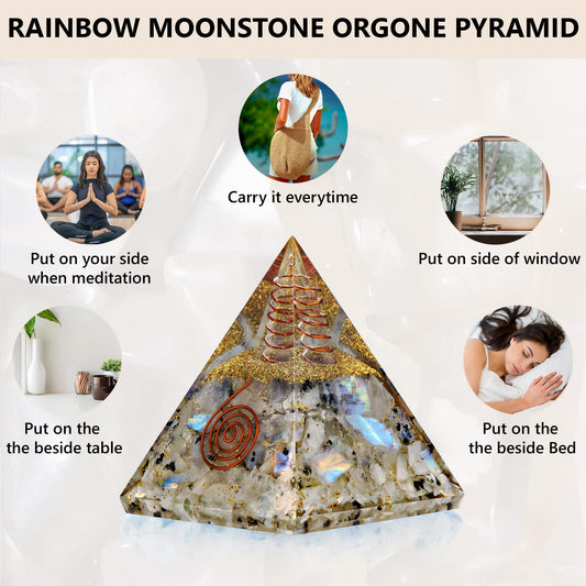 Anaya Agate Moonstone Orgone Pyramid, Rainbow Moonstone Crystal Pyramid, Orgonite Pyramid for Protection, Spiritual Crystals and Healing Stones, Meditation Pyramid for Stress Relief, Luck, Wealth