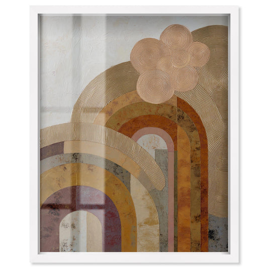 Scalloped Sun I Shadowbox Print Boho Gold Wall Decor by Art Remedy, White Frame, 30 x 36