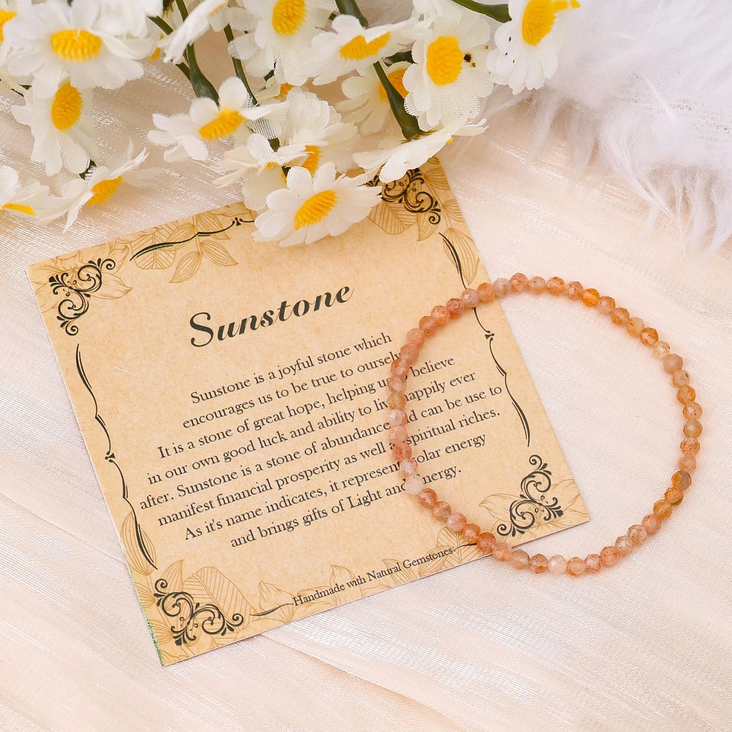 BONNY BOXX Natural Genuine Gemstone Faceted Round Beads Bracelets, 3mm Adjustable Stretchy Tiny Faceted Sunstone Bracelet, Healing Crystal Reiki Chakra Dainty Jewelry Fashion Gifts