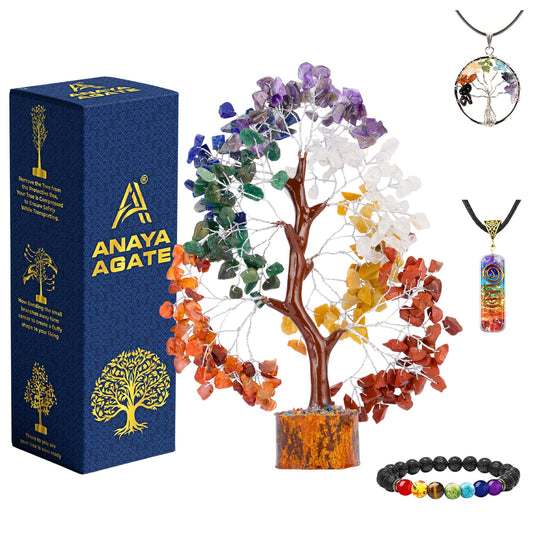ANAYA AGATE 7 Chakra Healing Crystal Tree of Life Kit, Bracelet, Pendant, Necklace, Feng Shui Money Bonsai Tree, Positive Energy for Women, Mom, Sister and Housewarming Decoration