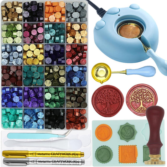 Andotopee Wax Seal Kit With 24 Colors Envelope Stamp Seals Beads 600pcs, Tree of Life Sealing Stamp, Electric Wax Seal Warmer Set, Silicone Mold, Metallic Pen, 120 Removable Sticky Dots, Spoon Cleaner