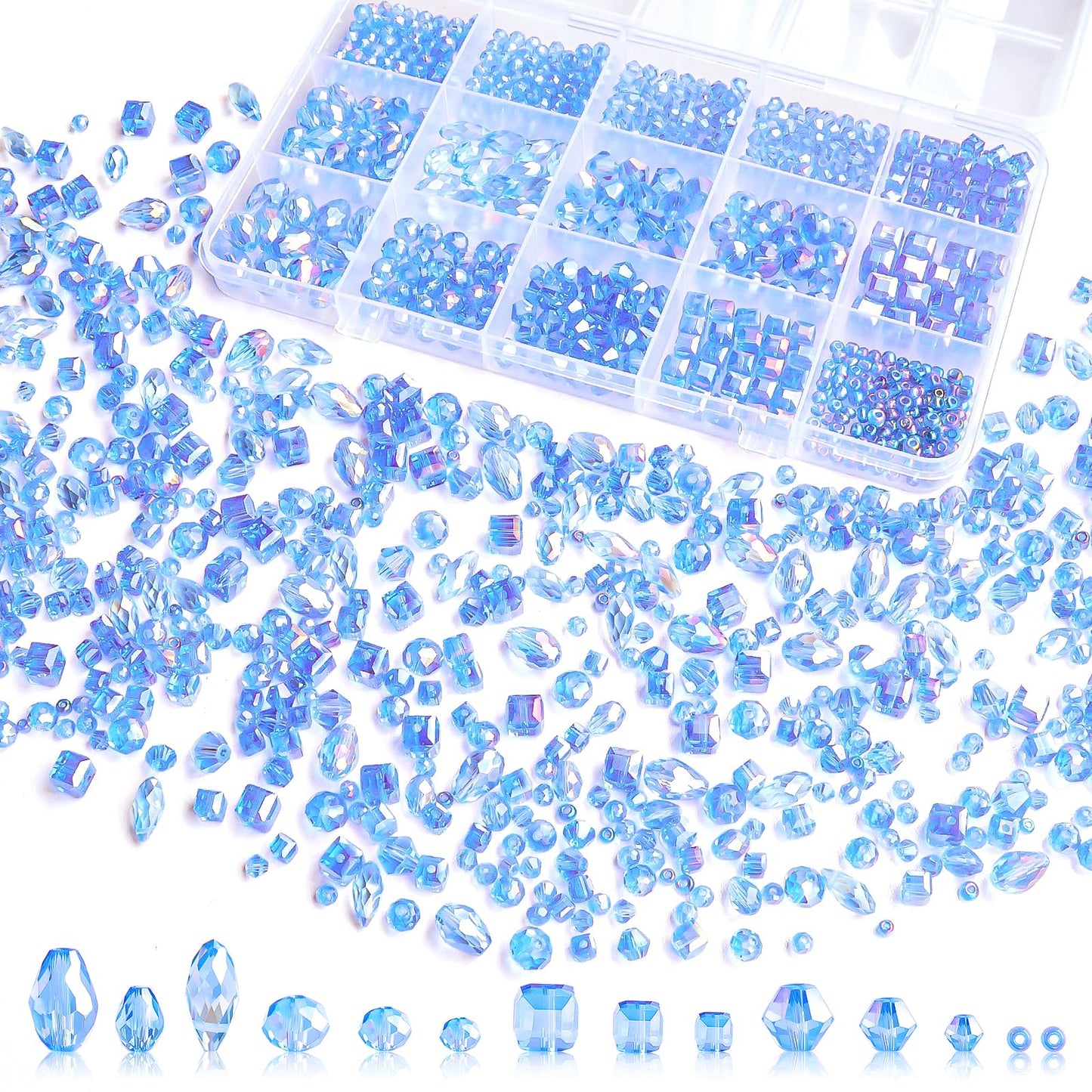Laopottbeads 1500 Pcs Crystal Glass Beads for Jewelry Making – 12 Styles Bicone, Rondelle, Cube, Teardrop & 3mm Spacer Beads, DIY Bracelet Necklace Earring Craft Kit with Organizer Box(Blue)