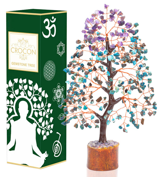 Crocon® Amethyst & Turquoise Gemstone Tree, Crystal Tree of Life, Feng Shui Bonsai, Money Tree, Healing Tree Home Decoration, Good Luck Figurine, Gem Tree for Positive Energy, Chakra Tree of Life Gift