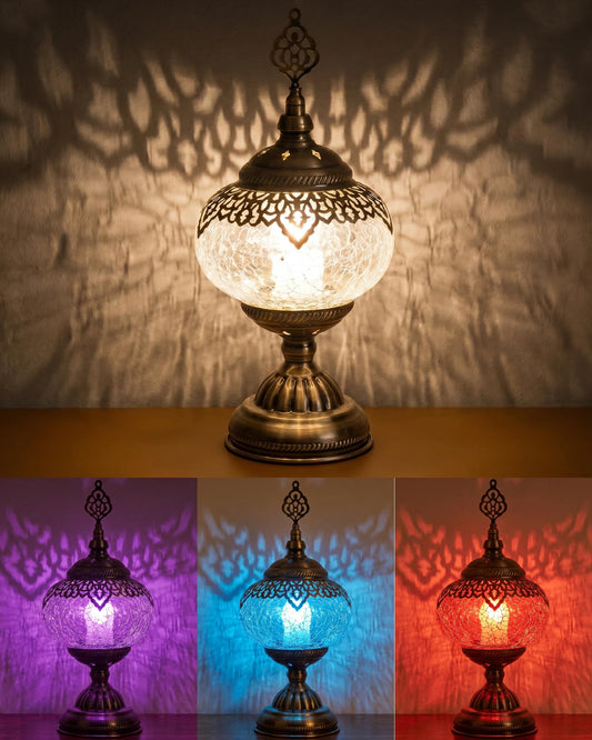 Baquler Large Globe Turkish Moroccan Table Lamp Handmade Vintage Moroccan Glass Lampshade Turkish Desk Lamp Bohemian Decorative Night Light for Bedroom, Living Room, LED Bulb Included (Bright)