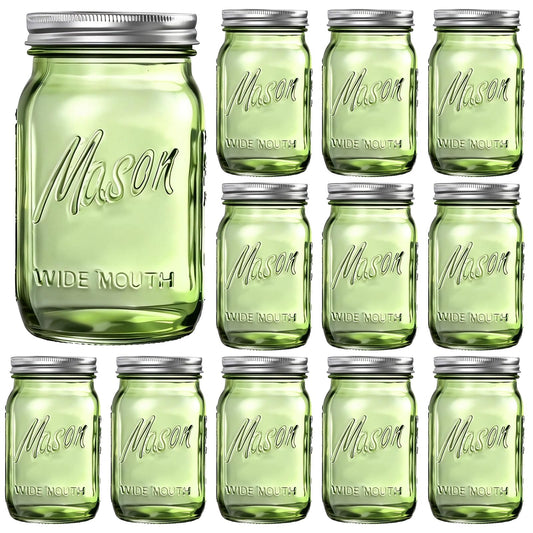 Rubtlamp Green Mason jar 32 oz, 12 Pack Glass Jars - Wide Mouth Mason Jars with Airtight Lids for Pickling, Fermenting, Food Storage&DIY Crafts, Microwave & Dishwasher Safe