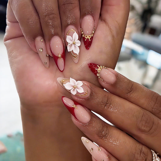 Almond Press on Nails Long Fake Nails Red Acrylic Nail Press ons Seeneey 3D Flowers and Gold Charm Designs Rhinestones Stick on Nail for Women 24pcs