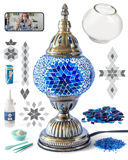 KRAFTSTORIES Turkish Mosaic Lamp Kit DIY Glass Decorative Table Bedside Night Light Tabletop for Living Room Bedroom | Make Your Own Lamp | Antique Bronze Base (Blue)