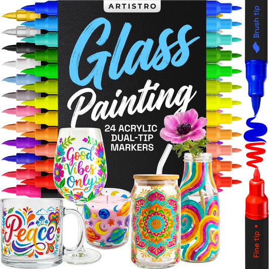 ARTISTRO 24 Glass Acrylic Paint Markers - Erasable Wine Glass Markers - Paint Pens for Windows, Mirrors, Ceramic and Plastic - Charming Wine Gift for Hostess - for Drink Labels, Tags and Identifiers