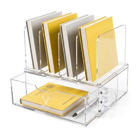 Acrylic Desk Organizer with Drawer and Cable Holders, Clear Acrylic Desktop Organizer with 4 Vertical Compartments, Sturdy Office & Home Desk Storage – ORDIXA