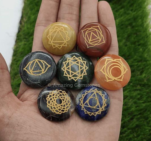 Amazing Gemstone 7 Chakra Set Reiki Healing Crystal with Engraved Chakra Symbols - Chakra Balancing Polished Palm Stones Set with Velvet Pouch