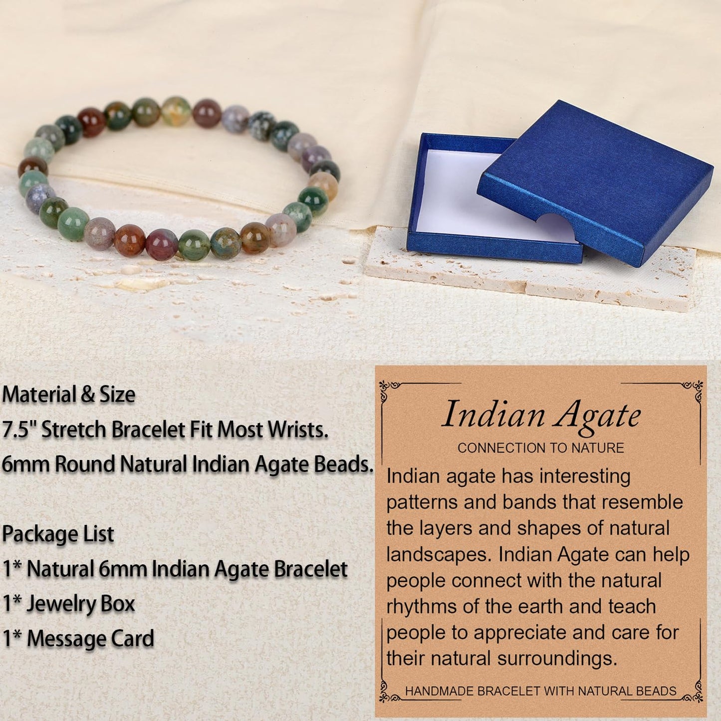 LPBeads Handmade Natural Gemstone Stretch Elastic 6mm Indian Agate Bracelet Healing Crystal Round Stone Beads Jewelry Gifts for Women Men