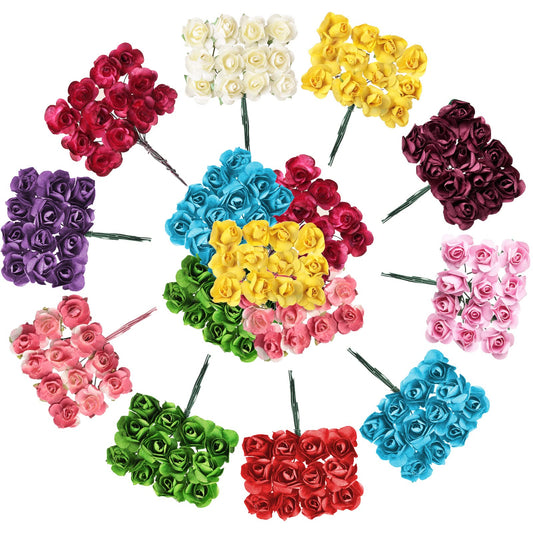 132 Pcs Artificial Mini Rose Fake Mixed Color Paper Flower Handmade Small Flowers for Crafts Miniature Flowers Wedding Bouquet Paper Mini Flowers with Stems for DIY Crafts Scrapbooking Embellishment