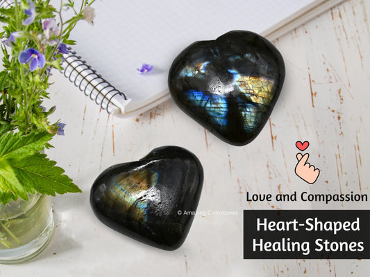 Amazing Gemstone Labradorite Crystal Heart Palm Stone - Pocket Massage Worry Stone for Natural Body Chakra Balancing, Reiki Healing and Crystal Grid