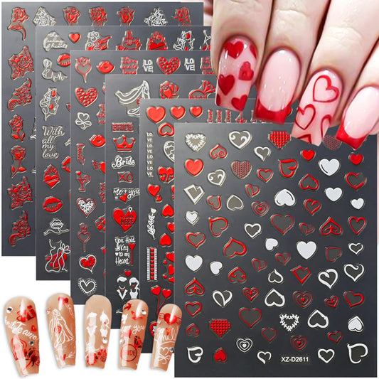 12 Sheets Valentine’s Nail Art Stickers - 3D Self-Adhesive Red Diamond Lip Print Flowers Designs for Women, Easy DIY Acrylic Nails Decoration, Party & Daily Fashion Accessories