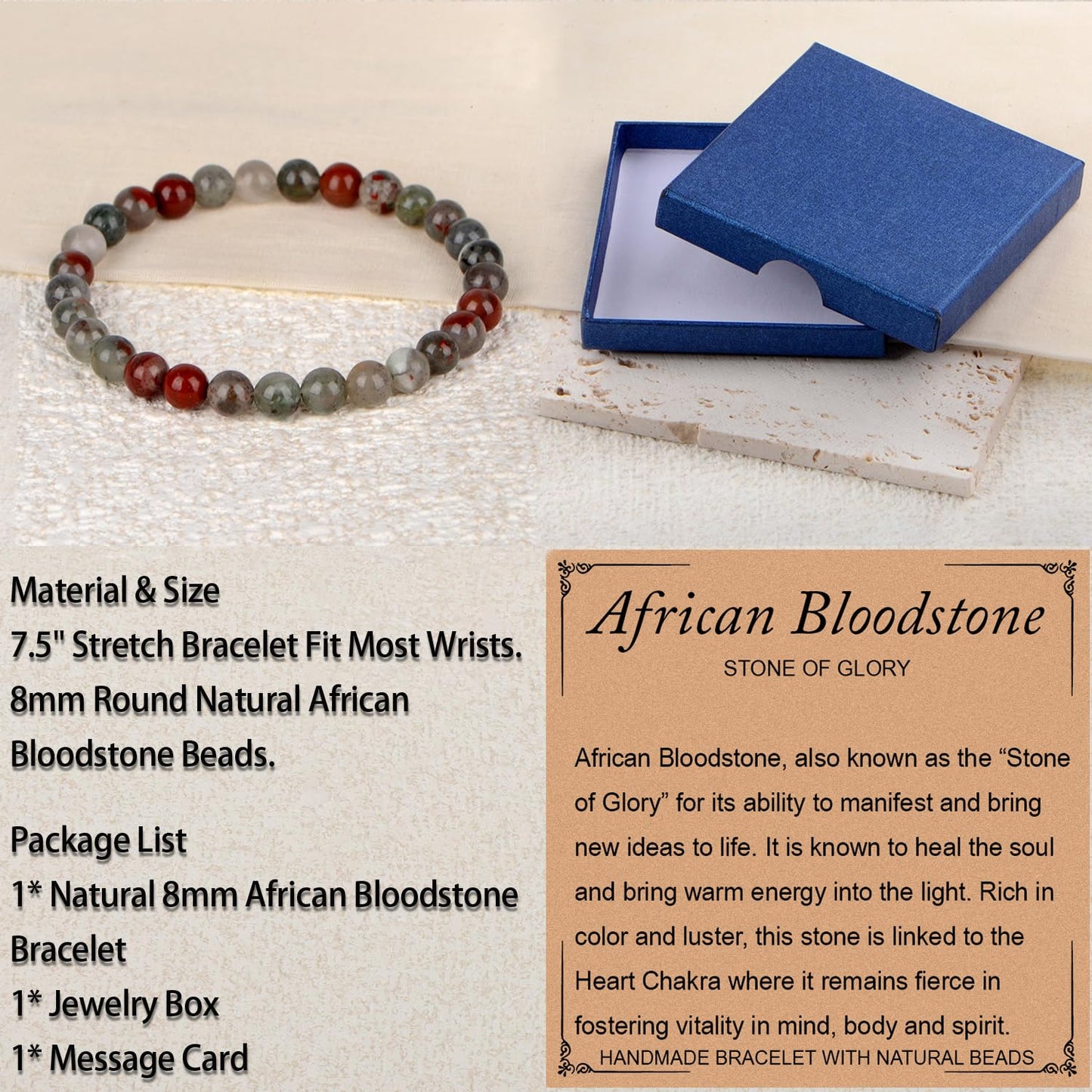 LPBeads Handmade Natural Gemstone Stretch Elastic 6mm African Bloodstone Bracelet Healing Crystal Round Stone Beads Jewelry Gifts for Women Men