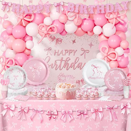 Pink Bow Coquette Birthday Decorations for 24 Guests, Party Supplies with Plates, Napkins, Cups, Balloon Garland Arch, Happy Birthday Banner, Tablecloth, Backdrop, Cake & Cupcake Toppers