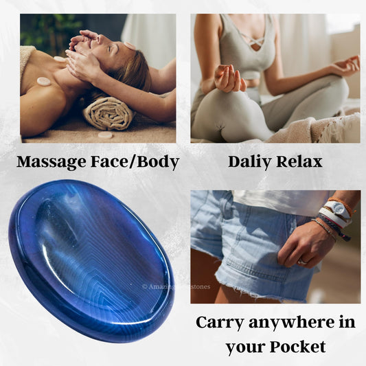 Amazing Gemstone Alma Blue Agate Worry Stone, Healing Crystals - Piedra Crystal Fidget for Gift, Meditation, Calming, Relaxation, Stress Relief