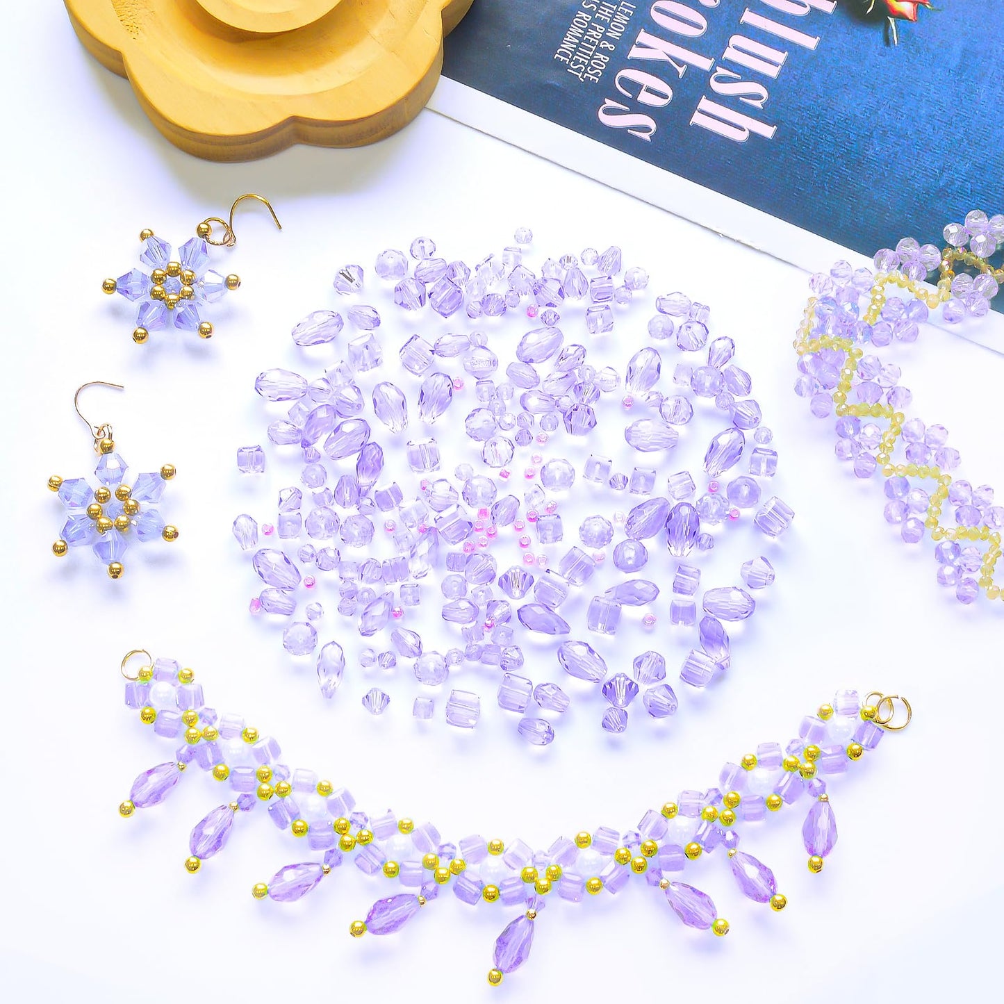 Laopottbeads 1500 Pcs Crystal Glass Beads for Jewelry Making – 12 Styles Bicone, Rondelle, Cube, Teardrop & 3mm Spacer Beads, DIY Bracelet Necklace Earring Craft Kit with Organizer Box(Light Purple)