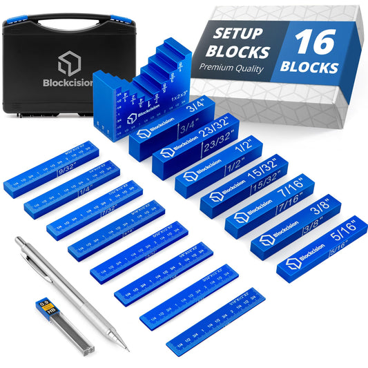 ELEON Blockcision Setup Blocks Woodworking Tools 16 PCS - Height Gauge Set with Easy Spacer Block - Stepped Level Design - Precision Ruler-Marked Setup Bars for Router Table Saw Accessories with Case