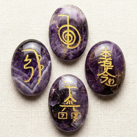 LoveNspire Crystal Reiki Stones with Engraved Symbols Healing Crystals Gemstone Amethyst 7 Chakra Tumbled Polished Palm Pocket Worry Stones - Chakra Balancing Kit for Meditation Yoga