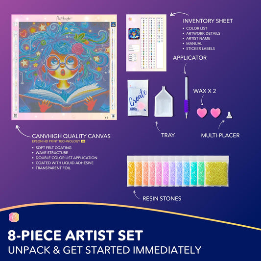Picmondoo Diamond Painting Set – 50x50 cm, Sparkling DIY Kit for Adults & Children with AB Stones, Fairy Dust Colors, Rhinestone Color and Fluorescent Colors (Josephine The Reading Mouse)