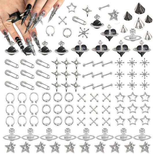 110 pcs Punk Nail Charms 3D Goth Jewelry Kit, Y2K Metal Planet Star Cross Spike Accessories, Alloy Rhinestones for Acrylic Gel Art Design (punk)