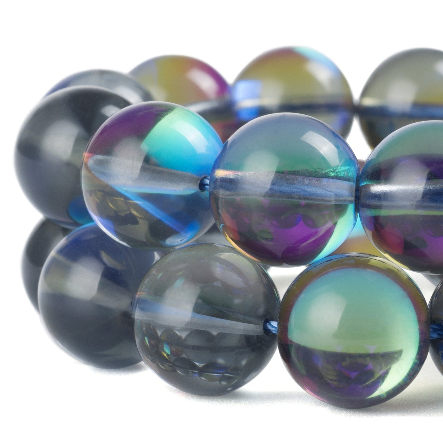 RUBYCA Round Moonstone Crystal Glass Beads Aura Iridescent for Jewelry Making (1 Strand, 10mm, Grey)