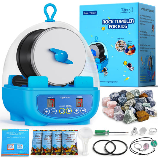 KomeStone K5 Rock Tumbler for Kids & Starters– Dual Noise-Reducing Rock Polisher with Timer, 3 Speeds & Memory Function, Complete Stone Tumbling Kit with Gems & All Accessories – A Fun STEM Gift