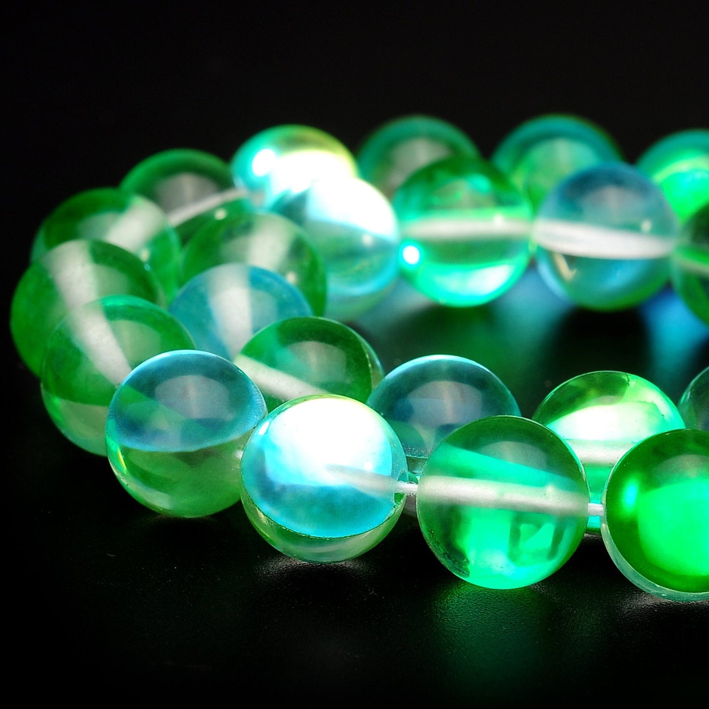RUBYCA Round Moonstone Crystal Glass Beads Aura Iridescent for Jewelry Making (1 Strand, 10mm, Green)
