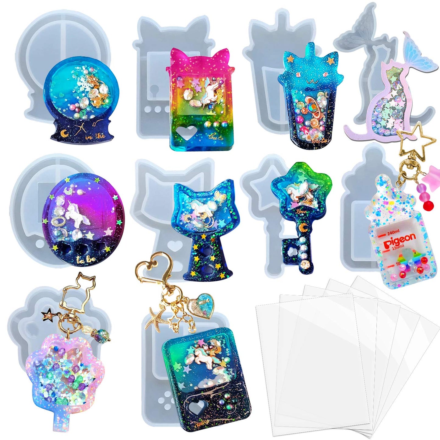 Resin Shaker Molds Set Game Consoles, Bottle, Cat's Paw, Crystal Ball 10 Silicone Trays with 5 Seal Films