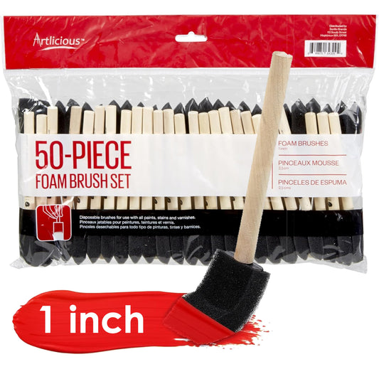 Artlicious Foam Brush Set - Pack of 50 Disposable, 1-inch Sponge Paint Brushes for Acrylic Painting, Staining, Varnishes & DIY Craft Projects - Art Supplies