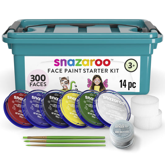 Snazaroo Face Paint Mini Starter Kit,14 Piece Set, 6-Color Palette with Brush, Sponge, Bio-Glitter and Guide - Non-Toxic, Water-Based, Easy Application for Kids, Adults, Parties, Halloween & Events