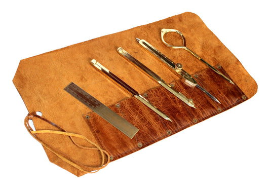Proportional Divider Set of 5, Full Brass dividers with Executive Handmade Leather Roll Tools Bag, Single Handed 8" Brass Navigation Dividers Compass Set for Maritime, Naval, Geometry and Drafting.