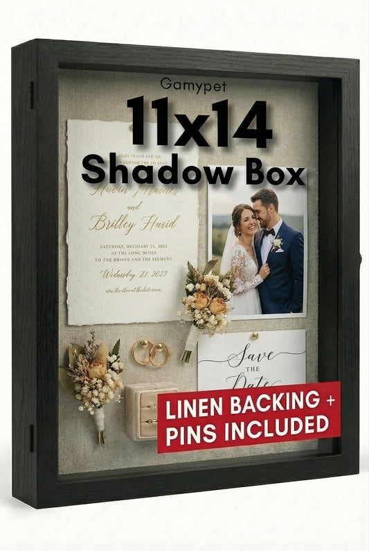 11x14 Black Shadow Box Frame - 1.57" Deep Wooden Display Case for Wedding Memory Box, Flowers and Pictures - Front Opening Glass Door with Lock and Linen Back