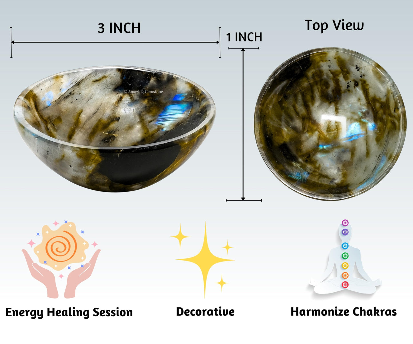 Labradorite Crystal Bowl - 3 Inch Decorative Bowls for Room and Home Decor - Gemstone Healing Crystals for Elegant Display, Positive Energy Balance and Gift