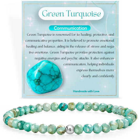 Farfume Green Turquoise - Communication - Beaded Bracelets for Women,Handmade Natural Stone 4mm Beads 925 Sterling Silver Stretch Bracelets, Chakra Crystal Gemstone Jewelry Gifts for Mom