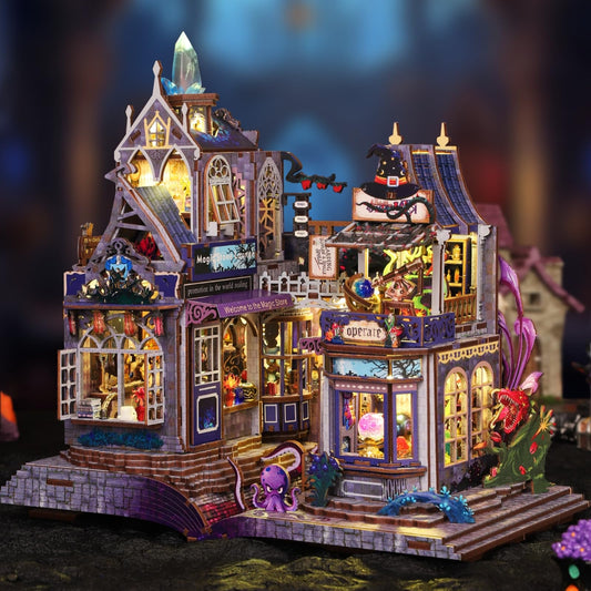 Jorivel Mystic Gateway DIY Miniature House Kit with LED Light – Magic Store Dollhouse Craft Kit – 3D Wooden Puzzles Tiny House Book Nook Halloween Birthday for Adults