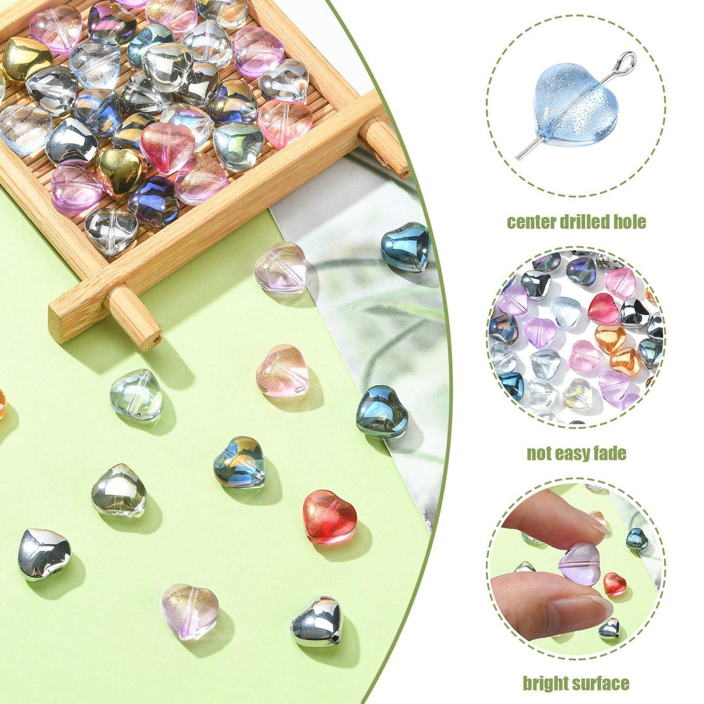 LiQunSweet 100 Pcs Electroplate Clear Crystal Glass Heart Bead with Glitter Gold Powder for Jewelry Making DIY Findings