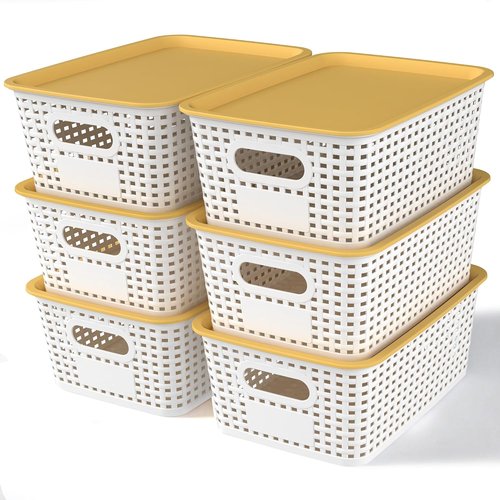 AREYZIN 6-Pack Plastic Storage Bins - Stackable Organizing Baskets with Lids | Small 10.2x7.2x4.1 Inch, White