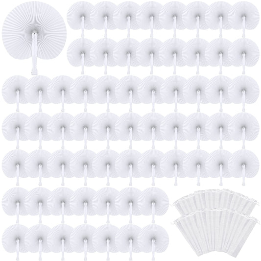 MCEAST 100 Pack Wedding Paper Fans Handheld Folding Fan White Round Shaped Folding Paper Fans Handheld Fan with Plastic Handle and Bags for Wedding Birthday Party Favors Supplies Home Decor