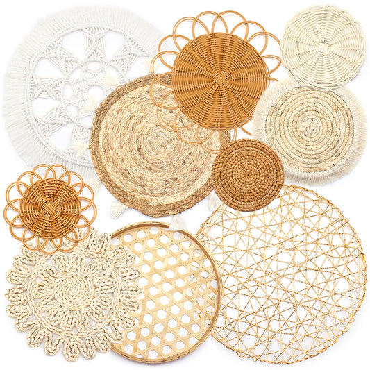 iChuan Boho Wall Hanging Basket Decor Set – 10-Piece Macrame and Woven Wall Art, Handmade Tapestry Wall Decor Seagrass Ornaments Round Tassels for Living Room, Bedroom, Nursery