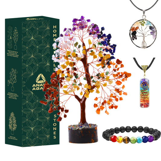 ANAYA AGATE 7 Chakra Crystal Tree of Life w/Healing Necklace & Chakra Bracelet - Gemstone Money Bonsai Trees for Women,Crystal & Healing Stone, Tree for Home, Office, LivingRoom Decor